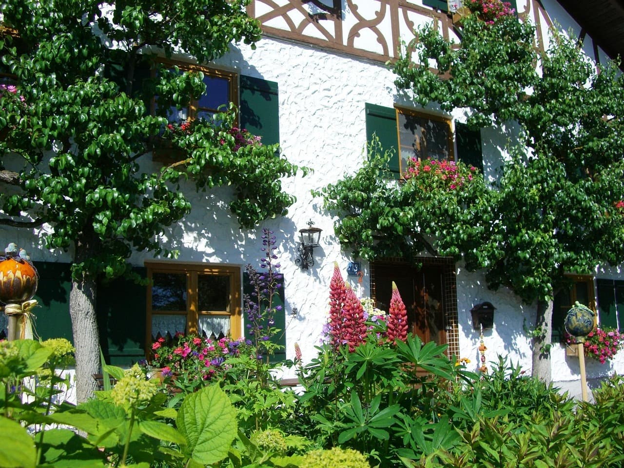 Well-kept front facade with espaliered trees and flowering beds in a carefully managed yard.